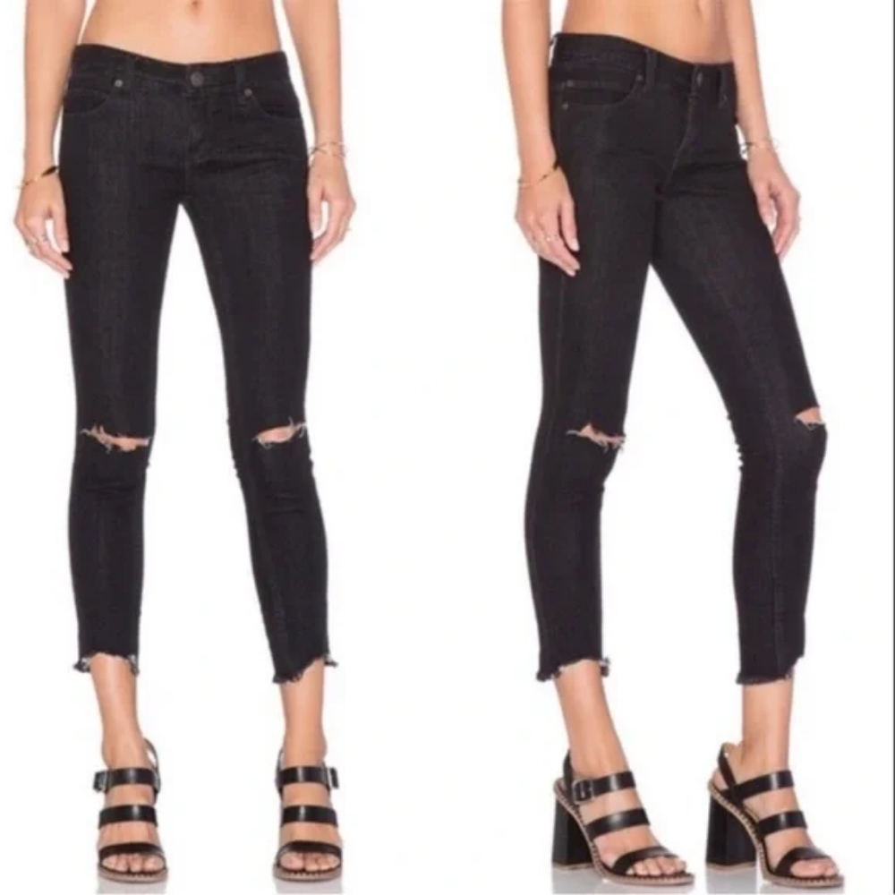 FP Free People Black Ripped Knees Raw Hem Ankle Jeans Sz: 28